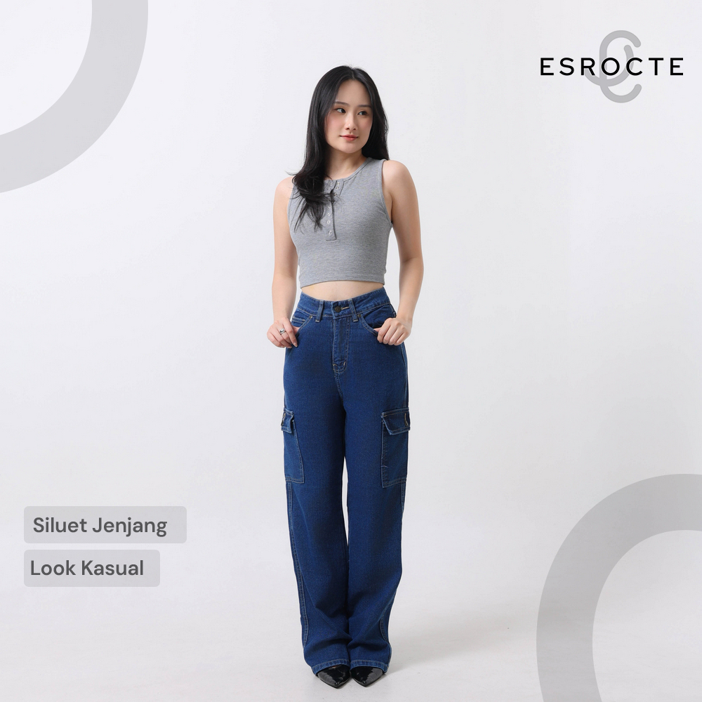 Jual ESROCTE Lexa Pants | Celana Cargo Loose Jeans High-Waist Wanita –Navy– 26–38 | Shopee Indonesia