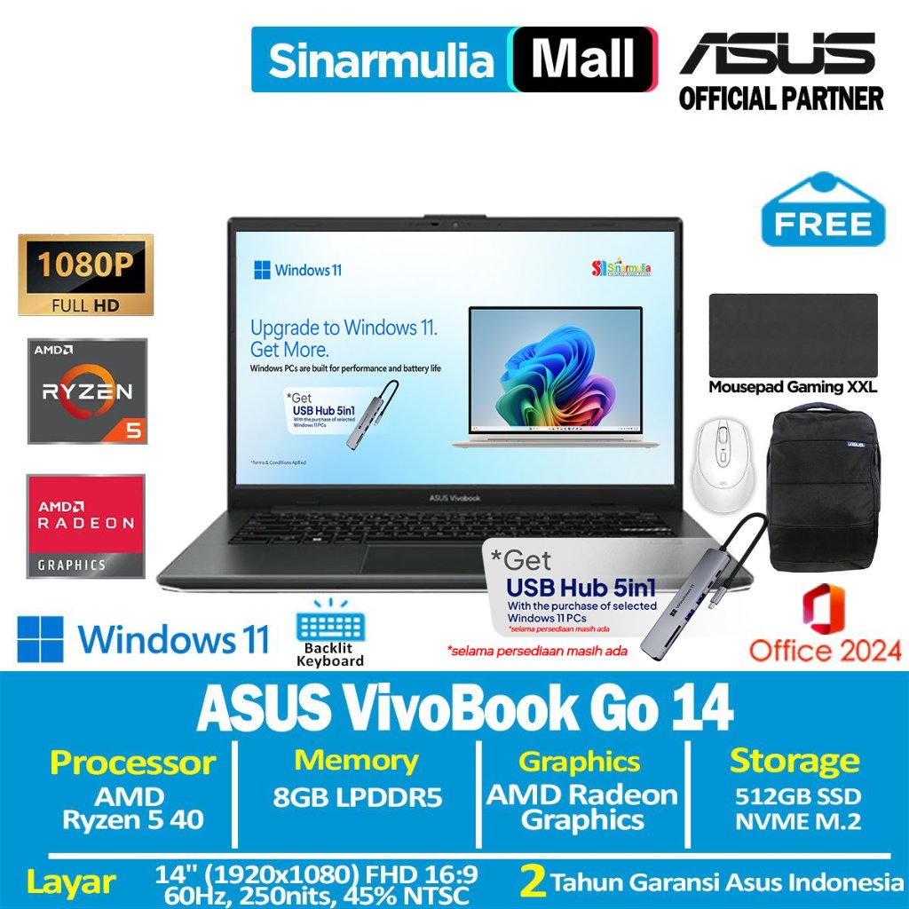 ASUS Vivobook Go 14 E1404FA Ryzen 5 40 512GB SSD 8GB FHD IPS Win11+OHS