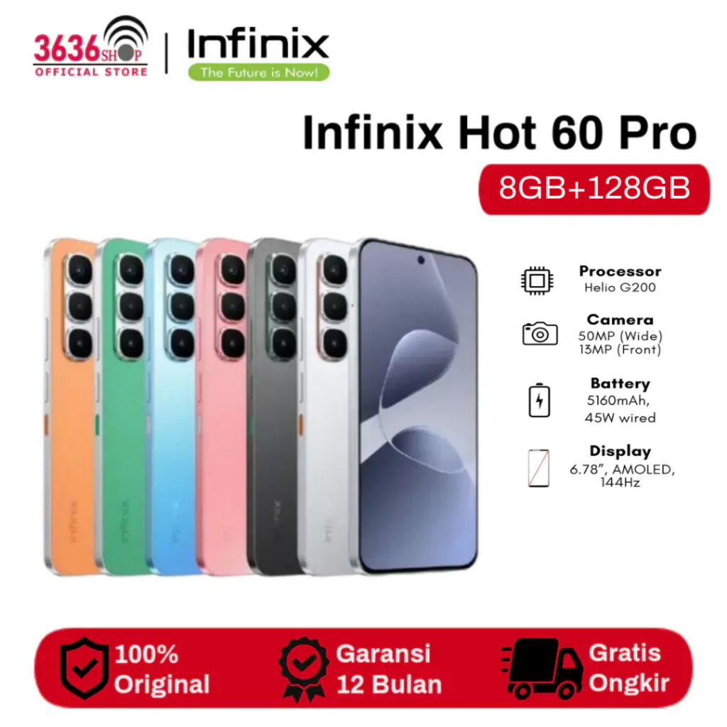 Jual Infinix Hot 60 Pro NFC [8GB+128GB] - Display Type AMOLED 6.78 inches - Helio G200 - 5160mAh - Garansi resmi 1 Tahun | Shopee Indonesia
