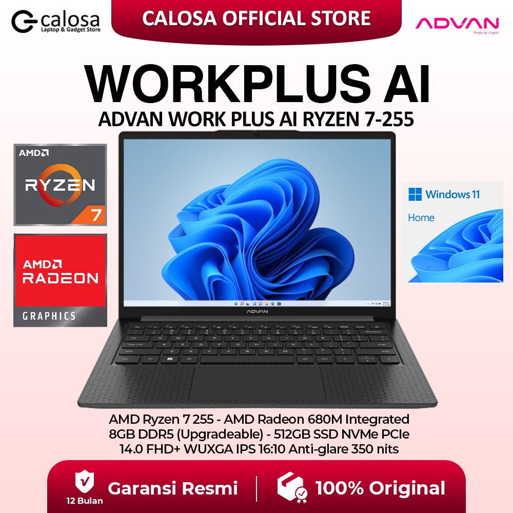 Jual ADVAN WORK PLUS AI AMD RYZEN 7-255 14'' RAM 8GB 512GB SSD Windows 11 Garansi resmi Workplus 7 255 rekomendasi laptop ai boost technology multitasking kuliah dan kerja | Shopee Indonesia
