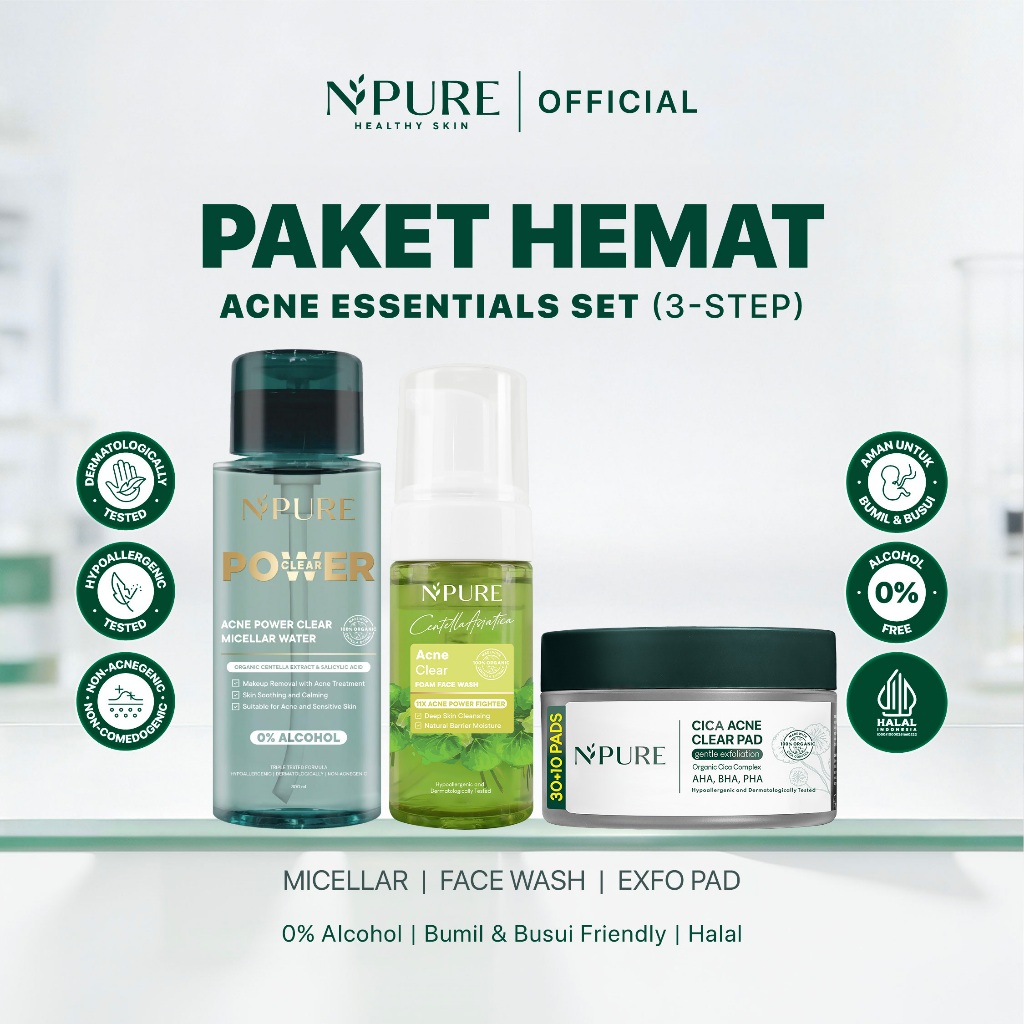 [BUY 3 GET 4] NPURE Power Acne Micellar Water 300 ml + Cica Pad 40 Kapas 130 gr + Cica Facial Wash 100 ml
