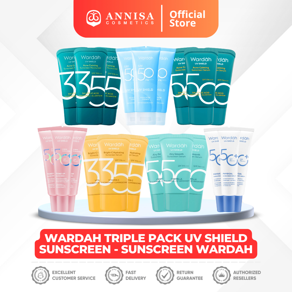 WARDAH TRIPLE PACK UV Shield Sunscreen Airy Smooth, Acne Calming, Aqua Fresh,Essential,Tone Up,Physical Sunscreen
