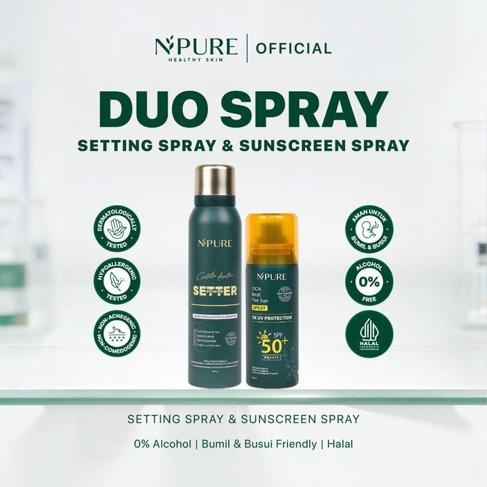 jw w [DUO SPRAY] NPURE  Centella Asiatica Power Setter - Setting Spray + Cica Beat The Sun Spray/ Sunscreen Spray / Setting Oil control & Barrier Protection / Setting Spray cocok untuk kulit berjerawat & sensitif / spray makeup tahan lamaterbaikk