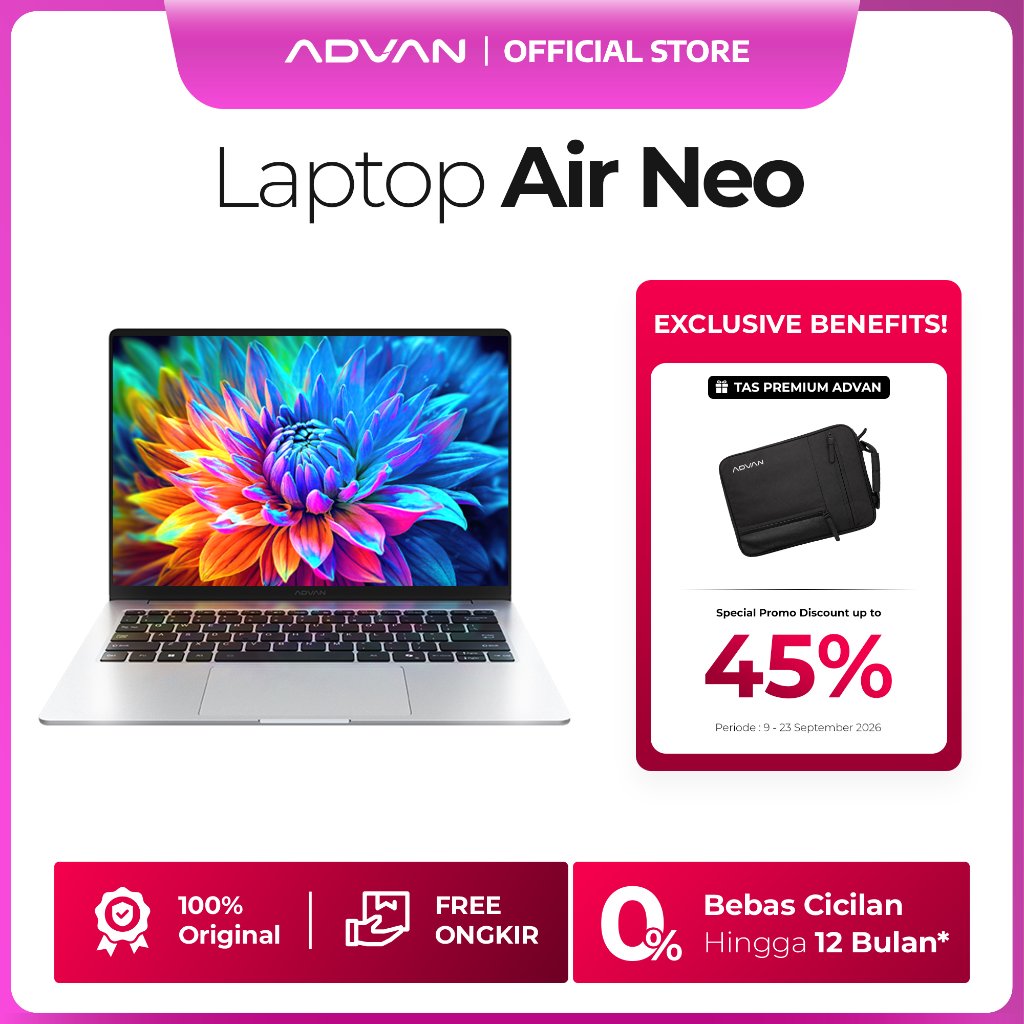 Jual [9.9 MEGA LAUNCH DISKON 45%] ADVAN Air Neo | Super Ringan 0.99kg & Ultra Slim | Intel Core 5/Core 3 | Layar 14” FHD+ 100% sRGB | Premium Full Metal Body | Garansi Resmi 2 Tahun + 1 Tahun Accidental Damage Protection | Shopee Indonesia