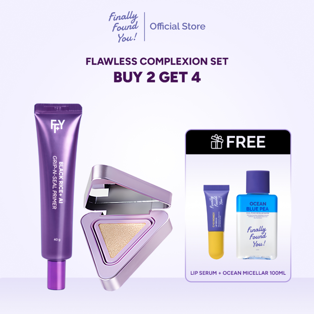 [BUY 2 GET 4] Flawless Complexion Set Finally Found You! (Rice Glow Cushion + BLACK RICE+ AI Grip-N-Seal Primer 40g FREE Lip Serum +  Ocean Micellar 100mL)
