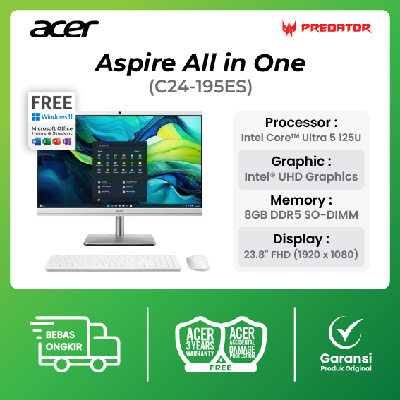 Jual Acer Aspire AIO All In One C24-195ES Core Ultra 5 125U 8GB 512GB Windows 11 + Office 23.8 Inch FHD | Shopee Indonesia