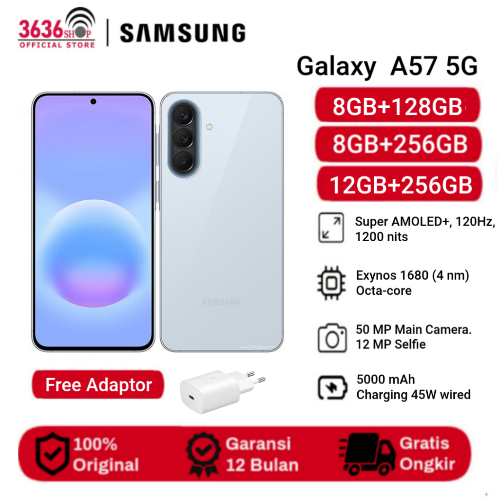 Samsung Galaxy A57 5G [8GB+128GB] [8GB+256GB] [12GB+256GB] Display 6,7 inch Super AMOLED+ - Exynos 1680 - Camera 50MP - 5000mAh - Garansi Resmi SEIN 1 Tahun