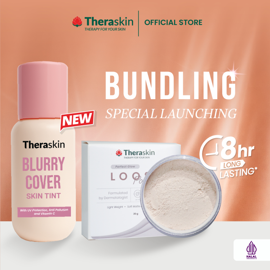 Theraskin Makeup Set Blurry Cover Skin Tint 30ml & Loose Powder 20g - Makeup Natural Blurred Effect, Ringan & Sebum Control, Light–Medium Coverage