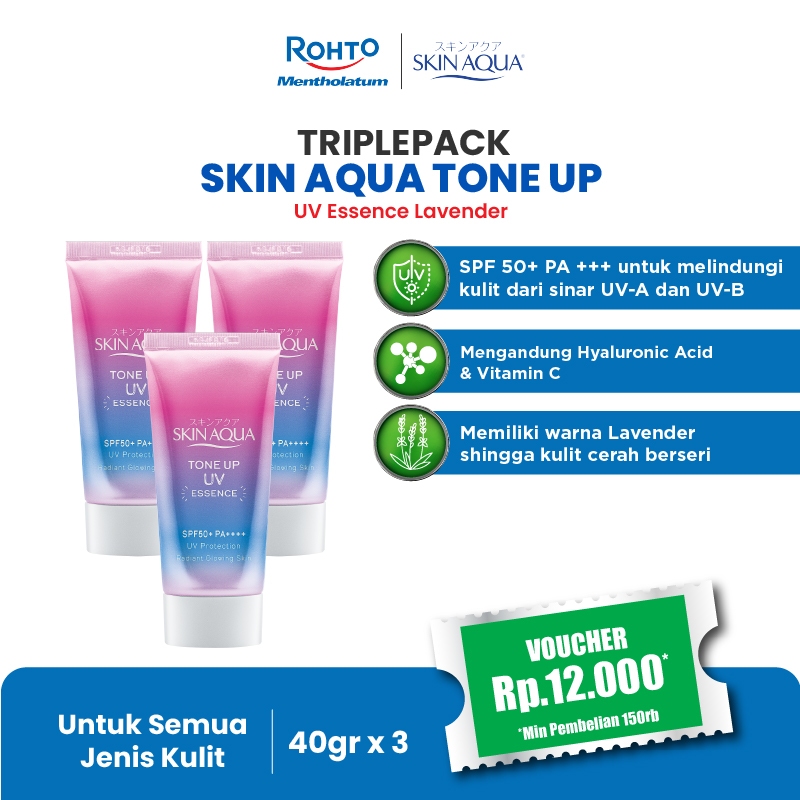 [Triplepack] Skin Aqua Tone Up UV Sunscreen Essence SPF 50+, P++++ (Lavender) - 40gr (Daily UV Skin Care with Tone Up Effect)