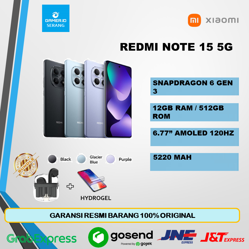 XIAOMI REDMI NOTE 15 5G RAM 12GB ROM 512GB - Chipset Snapdragon 6 Gen 3 - Layar 6,77" AMOLED Refresh Rate 120Hz - Garansi Resmi