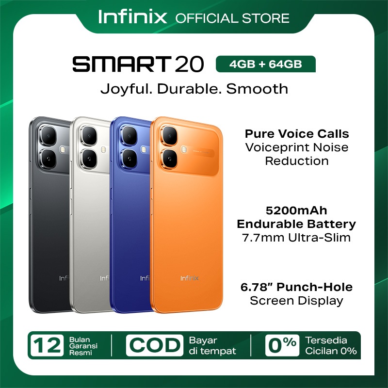 Infinix Smart 20 4/64GB - Up to 8GB Extended RAM - Mediatek Helio G81 - 6.78” - 8MP - 5200 mAh - IP64