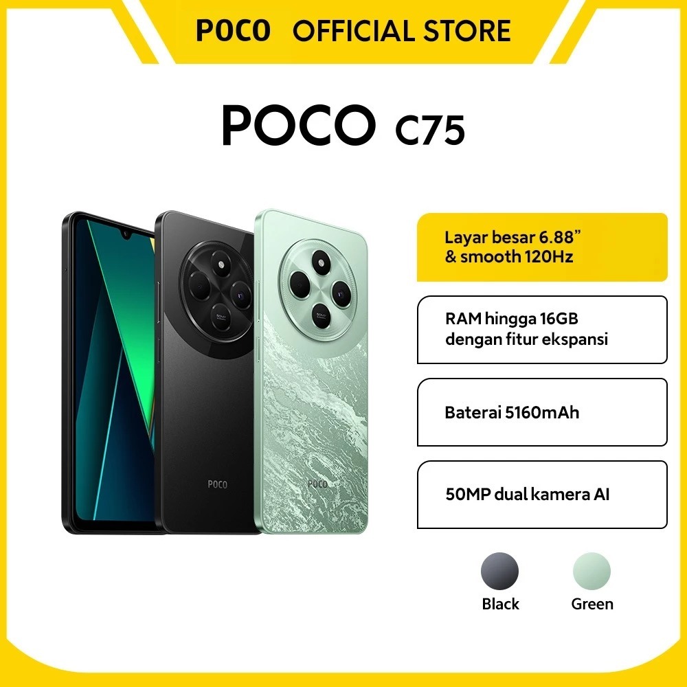 Xiaomi Poco C75 6/128GB 8/256GB Layar 6,88" 50MP AI Refresh rate 120Hz 5.160mAh 18W Pengisian Cepat