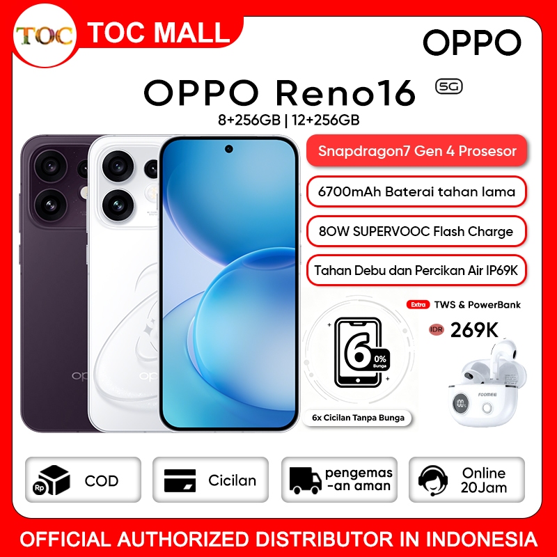[Official Store] OPPO Reno16 5G 8+256GB - Snapdragon7 Gen 4 Prosesor Tahan Debu dan Percikan Air IP69K