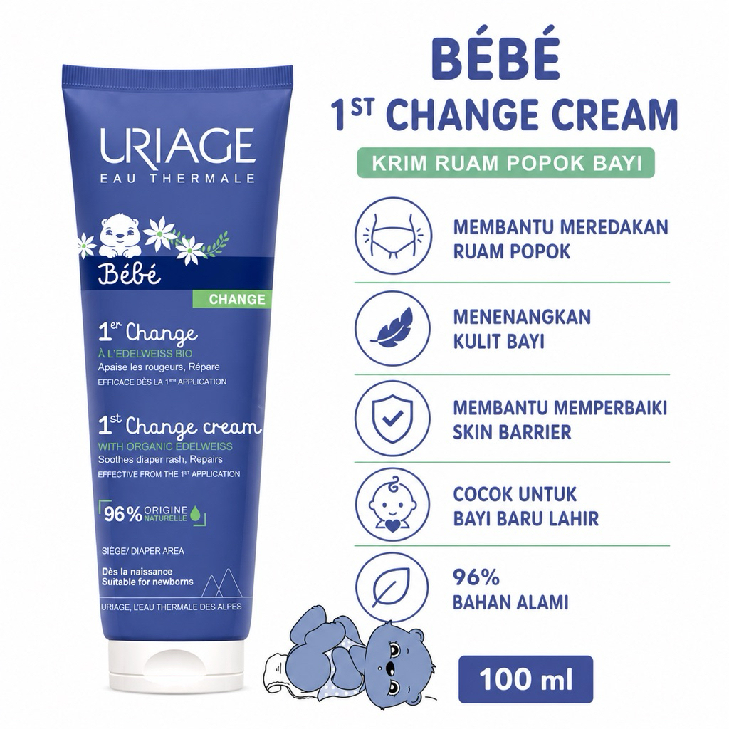 URIAGE Bebe 1st Krim Ruam Popok Bayi untuk Menenangkan Kemerahan dan Melindungi Kulit Sensitif - 100 ml