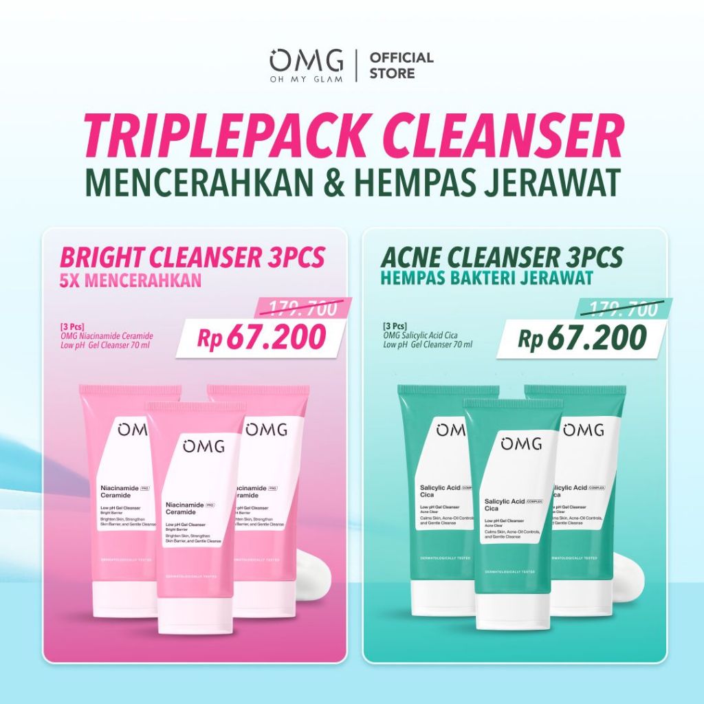 [TRIPLEPACK] OMG OH MY GLOW 3 Pcs Facewash Gel Cleanser - Bright & Acne Kit - Niacinamide Ceramide - Salicylic Acid Cica  - Low pH Gel Cleanser 70 ml