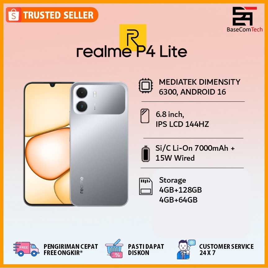 Handphone Realme P4 LITE | ROM 4GB 128GB | 6.8 Inch IPS LCD 144Hz | 7000mAh 15Wired USB TYPE-C PORT | Garansi Resmi Indonesia