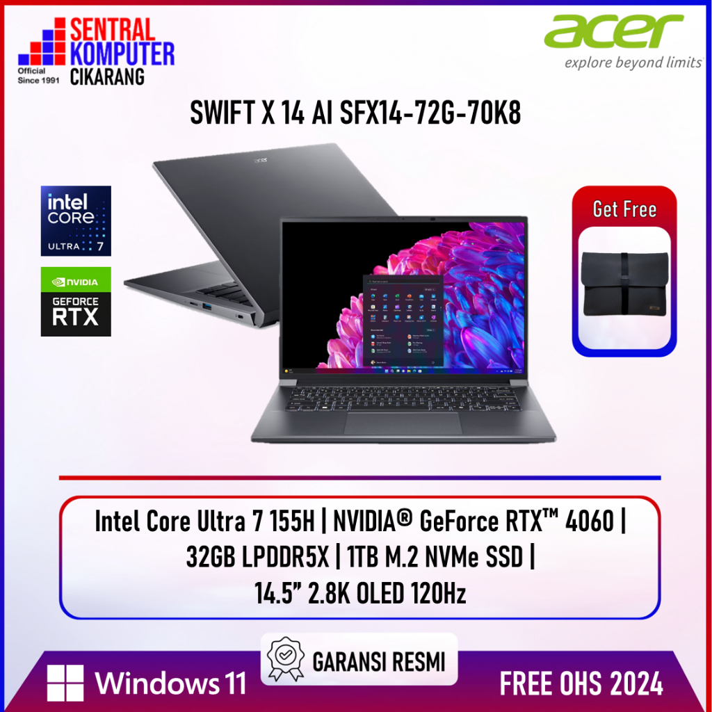 Jual Acer Swift X 14 AI SFX14-72G Intel Core Ultra 7 155H 32GB 1TB SSD 2.8K OLED 120Hz RTX4050 Win11+OHS | Shopee Indonesia