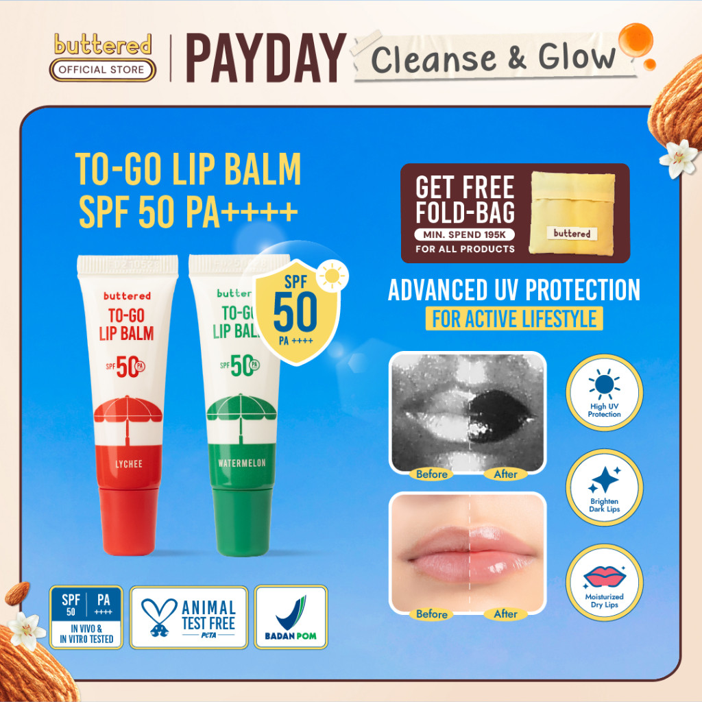 Buttered To-Go Lip Balm SPF 50 PA++++ Lip Balm dengan Perlindungan Matahari Ekstra Mencerahkan Bibir Gelap dan Menjaga Kelembapan Sepanjang Hari menjaga bibir dari paparan sinar UVA dan UVB mencegah sunburn mengurangi warna gelap melembapkan