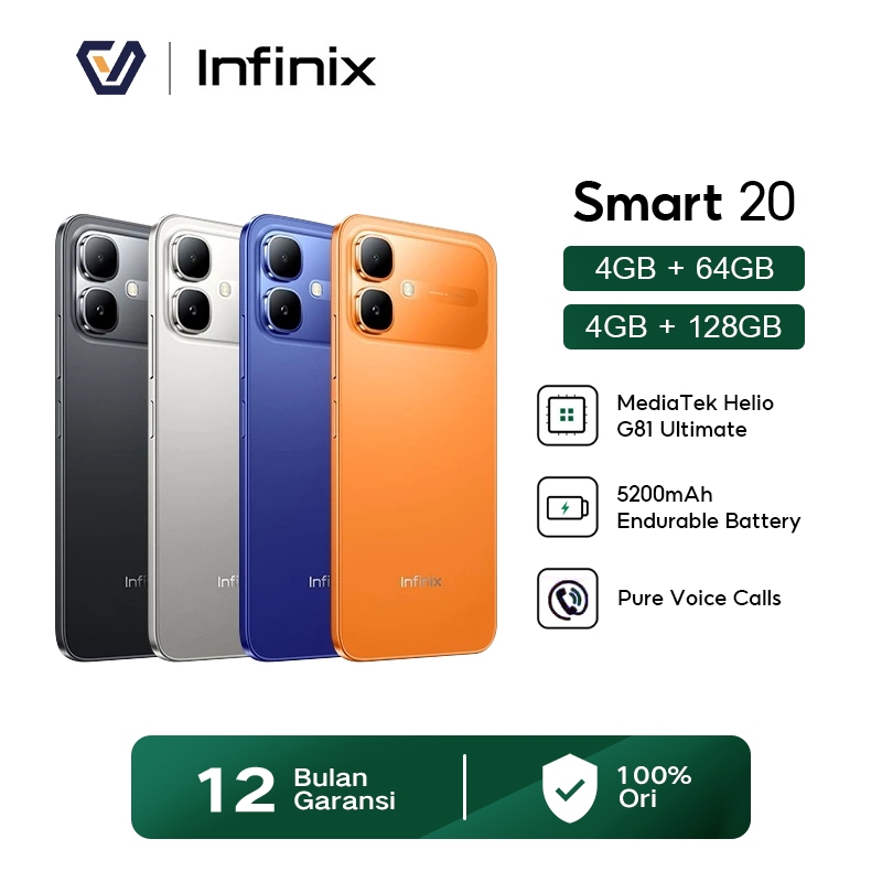 Official Infinix Smart 20 4GB+64GB - 4GB+128GB Display Size 6.78 inches - Mediatek Helio G81 Ultimate - 5200mAh