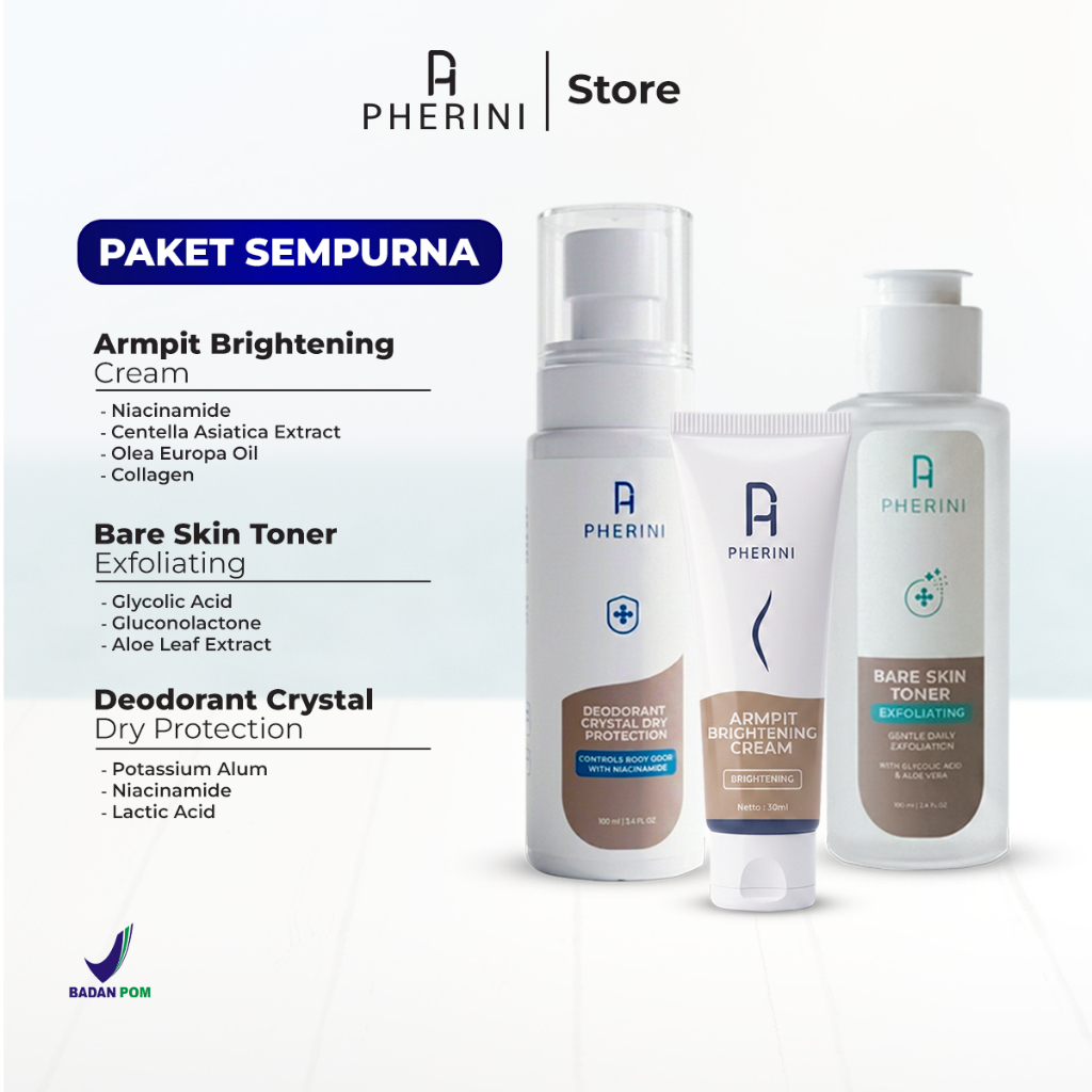 [Paket Sempurna] Pherini Armpit Brightening Cream + Pherini Bare Skin Toner Exfoliating + Pherini Deodorant Crystal Dry Protection