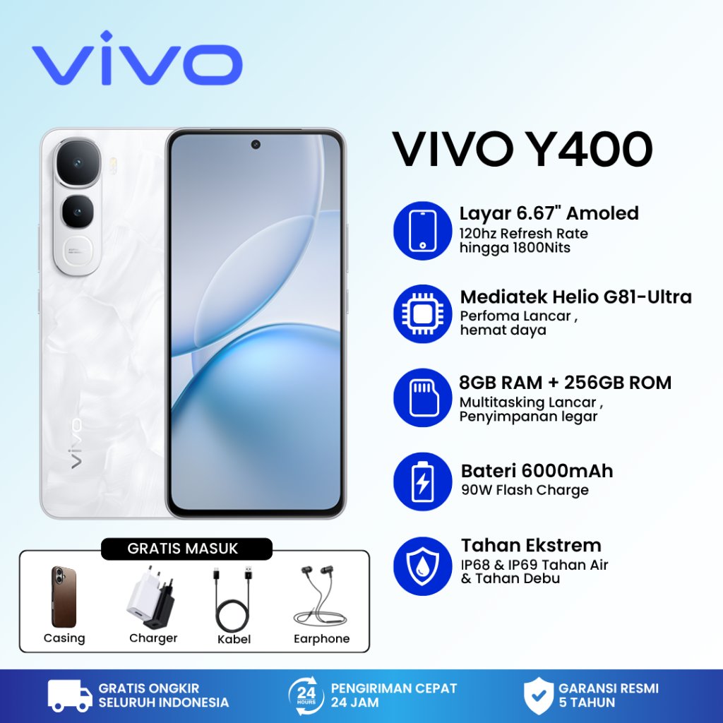 Jual VIVO Y400 5G 8GB+256GB NEW Original Resmi | AMOLED 120Hz | Kamera 50MP | 6000mAh | Fast Charging | Tahan Air | Shopee Indonesia