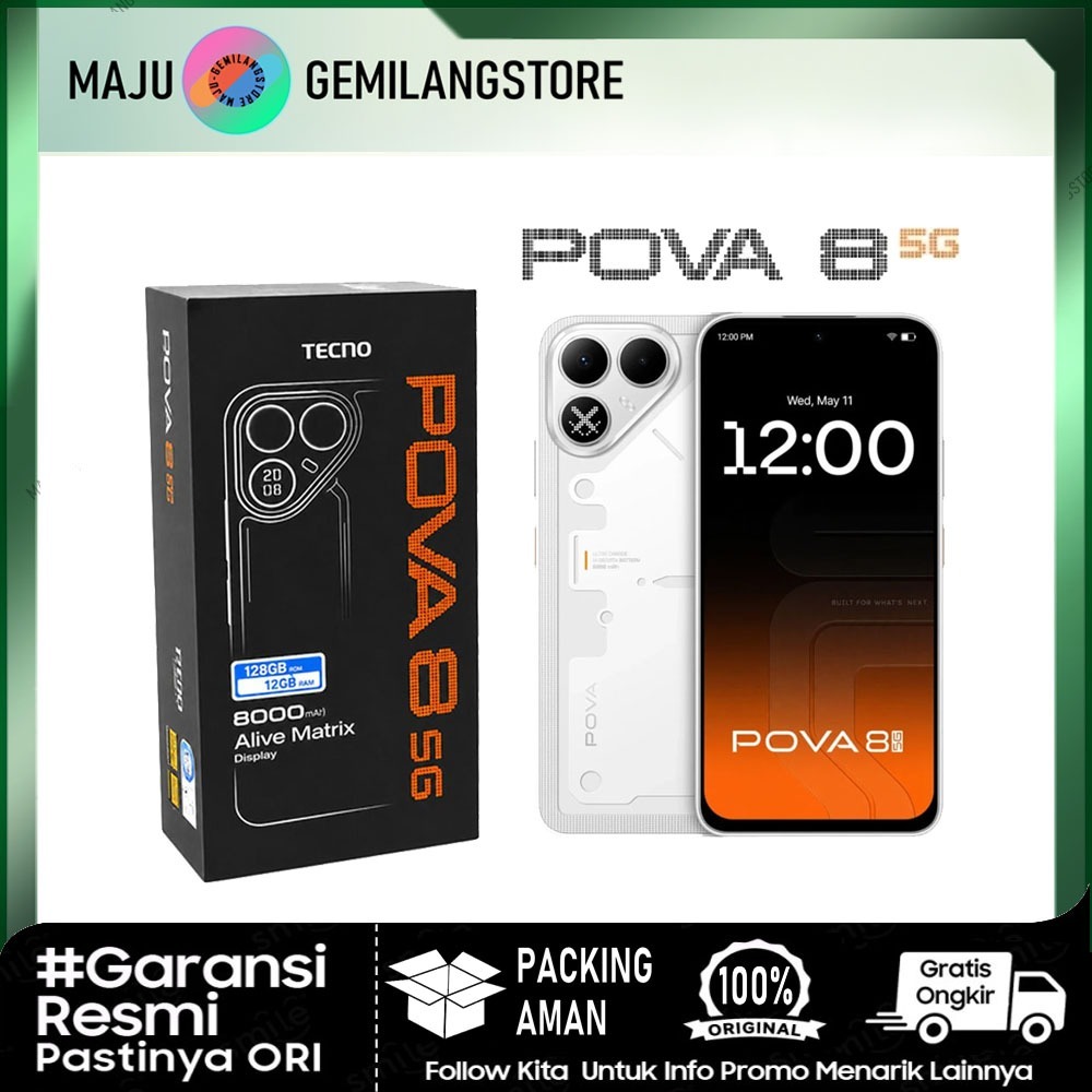 Tecno Pova 8 5G - RAM 6GB, 8GB + Internal 128GB & 256GB - MediaTek Dimensity 7100 - Layar 144Hz - Batrai 8000MAh - Garansi Resmi