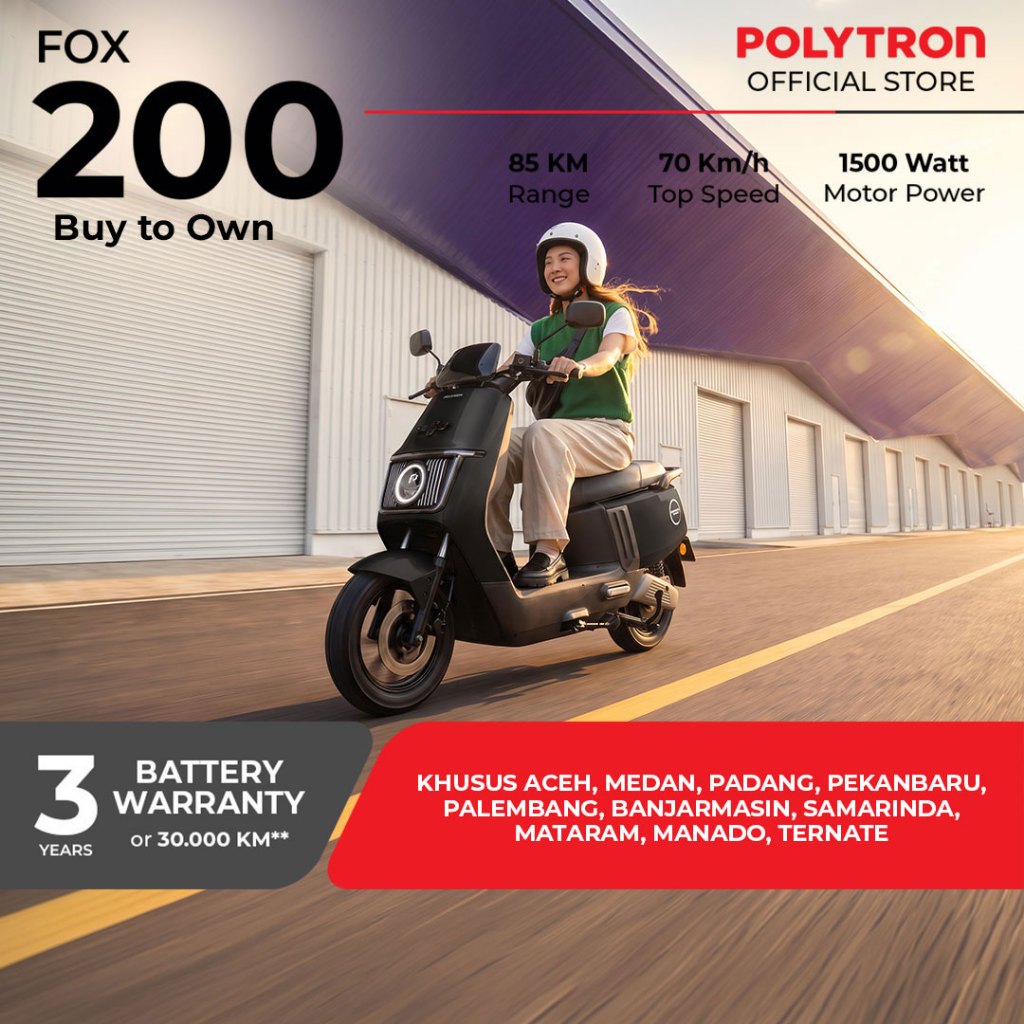 Jual POLYTRON Fox 200 - Buy to Own - Electric Sepeda Motor Listrik - OTR Aceh, Medan, Padang, Pekanbaru, Palembang, Lampung, Banjarmasin, Pontianak, Mataram, Manado | Shopee Indonesia