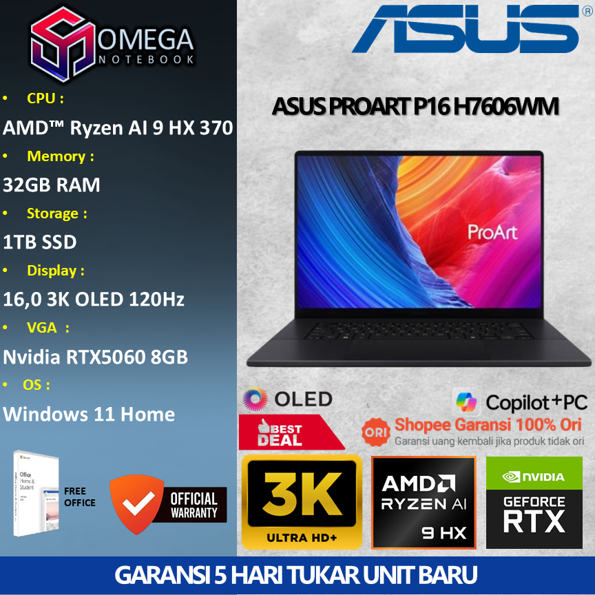 ASUS PROART P16 OLED H7606WM Ryzen AI 9 HX 370 32GB 1TB RTX5060 8GB 16,0" 3K Windows 11 + Office