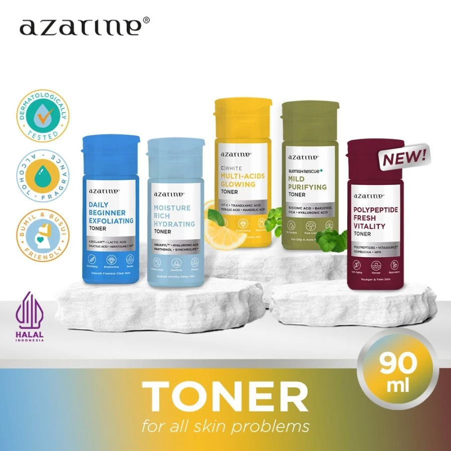 Azarine Face Toner All Series 90ml Exfoliating Moisture Rich Hydrating Glowing Purifying Multi Acids