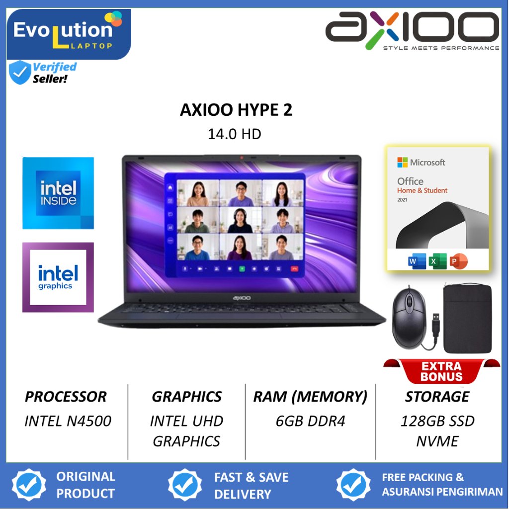 Laptop Sekolah Axioo HYPE 2 Intel N4500 RAM 6GB SSD 128GB 14.0 HD Win11
