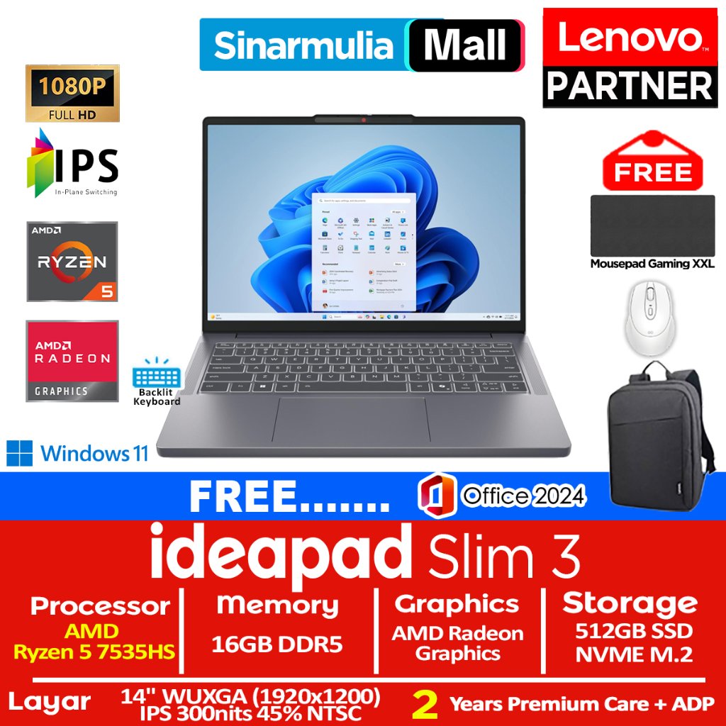Lenovo Ideapad Slim 3 Ryzen 5 7535HS 512GB SSD 16GB WUXGA IPS Win11+OHS