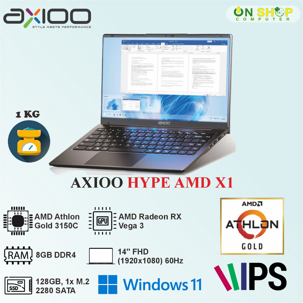 LAPTOP AXIOO HYPE AMD X1 ATHLON GOLD 3150C - RAM 8GB 256GB WINDOWS 11 14" FHD