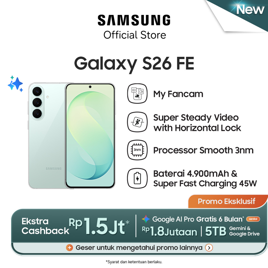 Jual Samsung Galaxy S26 FE 8/256GB - Pistachio - Handphone AI | Kamera 50MP | Prosesor 3nm | Shopee Indonesia