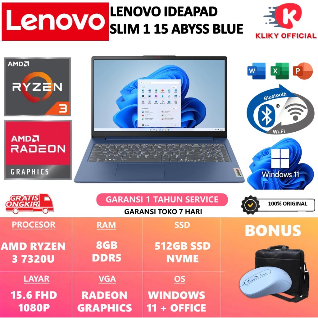 Promo Laptop Gaming Lenovo Ideapad Slim 1 15 Amd Ryzen 3 7320U 8GB DDR5 512GB 15.6 full HD