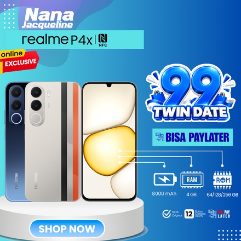 Nana Jacqueline realme P4x 4GB+8GB/ 6GB+8GB*|128GB/256GB (8000mAh Baterai Besar dan Awet | Layar 120Hz Performa Lancar | AI Gaming Partner | Performa Lancar 48 Bulan)