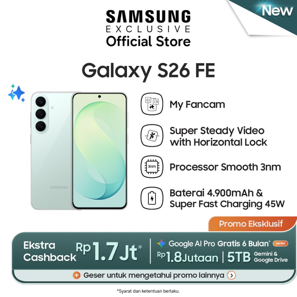 Jual Samsung Galaxy S26 FE 8/128GB - Pistachio - Handphone AI | Kamera 50MP | Prosesor 3nm | Shopee Indonesia