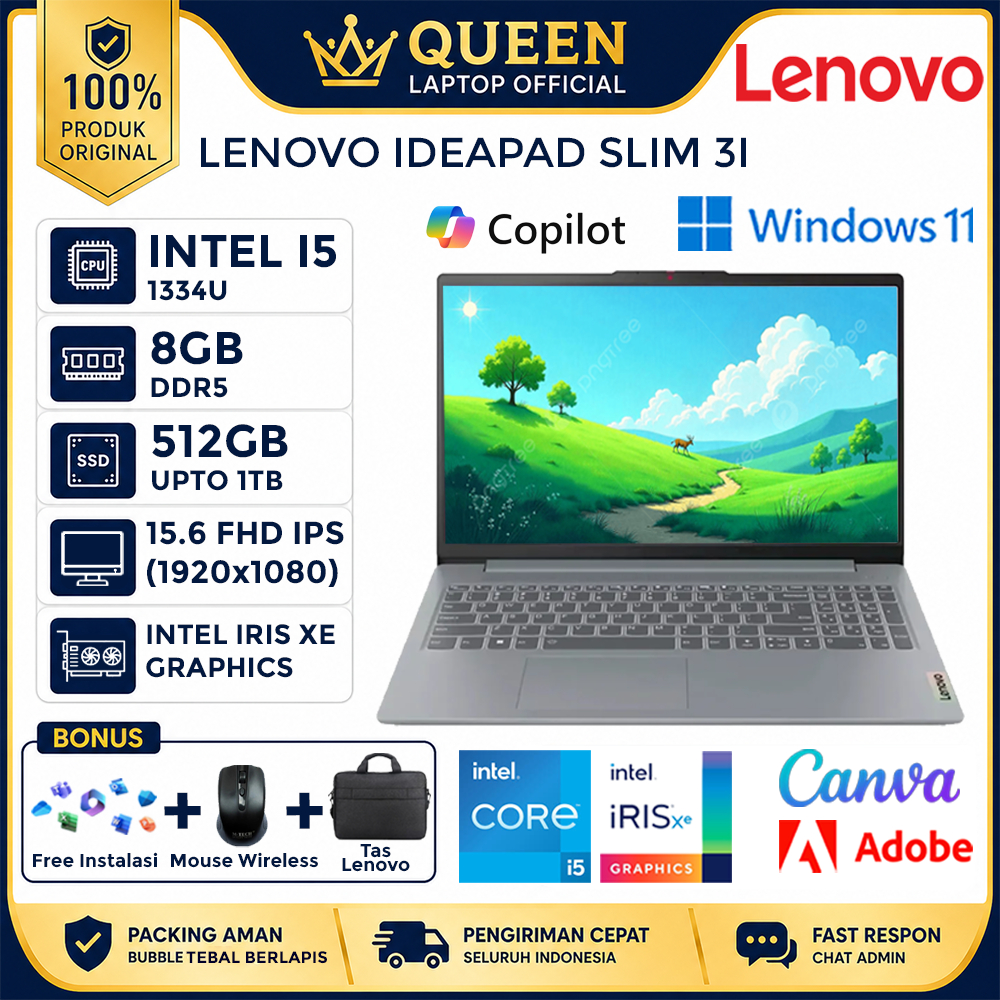 LENOVO Ideapad Slim 3i 15 Intel I5 1334U Ram 8GB DDR5 512GB FHD IPS Windows 11 - Laptop Kerja kuliah