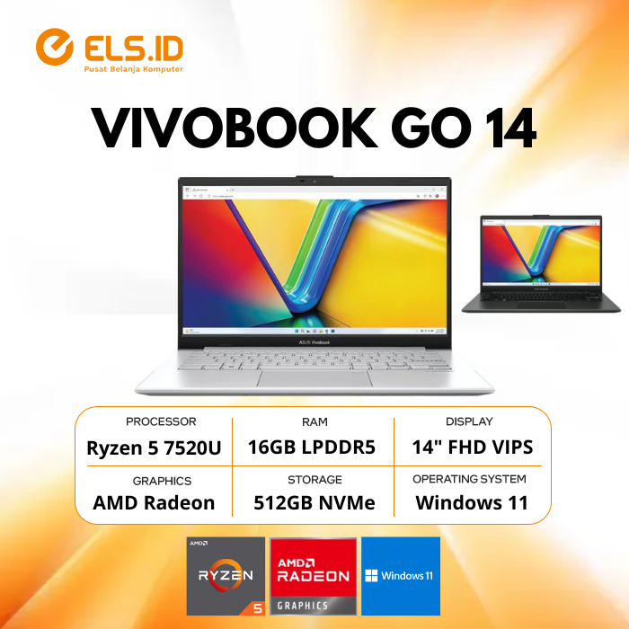 Asus Vivobook Go 14 E1404FA AMD Ryzen 5 7520U 16GB SSD 512GB 14" FHD W11+OHS2024+M365