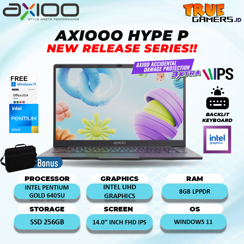 Laptop Axioo Hype P Intel Pentium Gold G6405 RAM 8GB SSD 256GB Windows 11+Office Home 2024 14.0" Full HD IPS