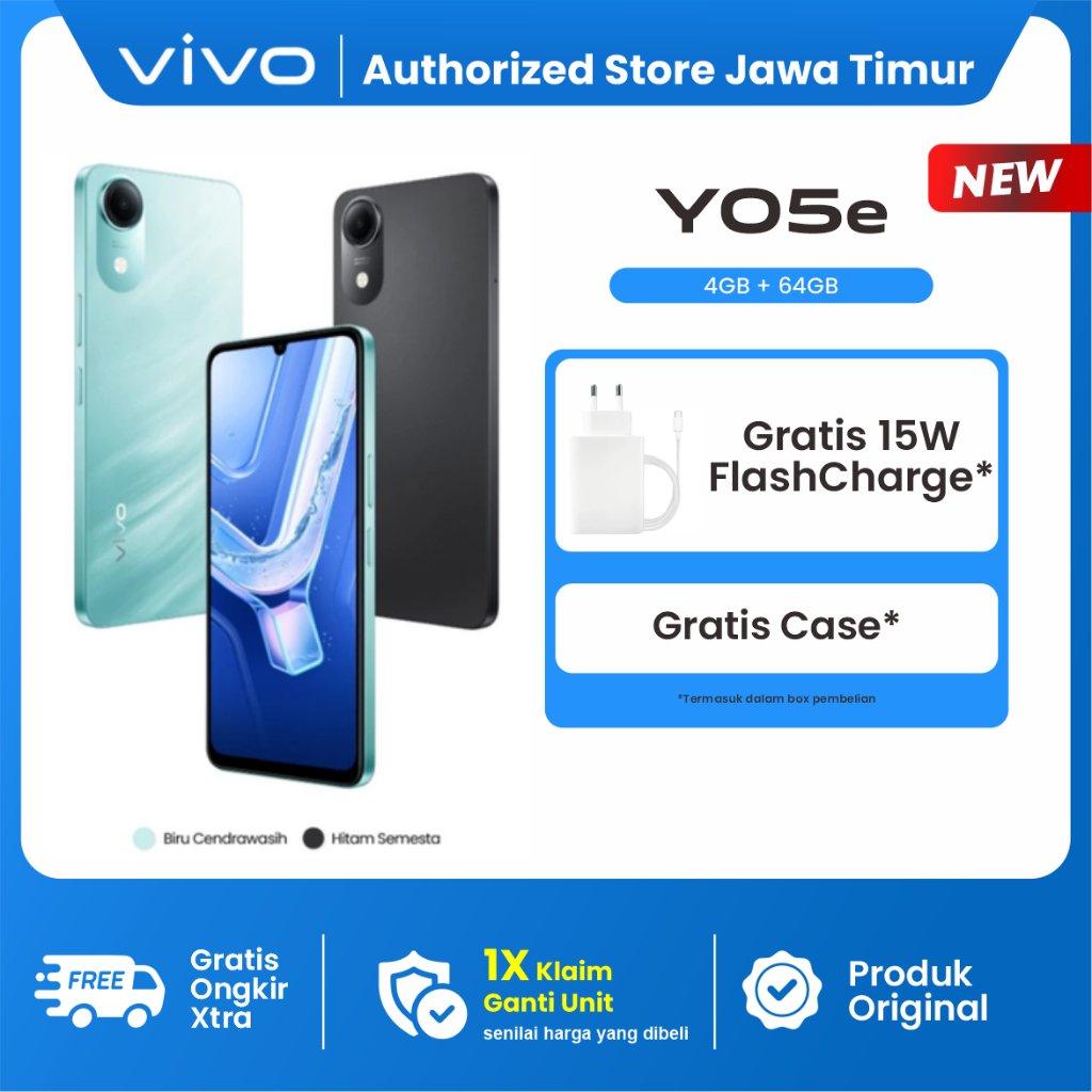 Jual vivo Y05e 4/64GB - Garansi Resmi Baterai Besar 5150 mAh, IP64, Tahan Banting Ekstrem, Desain Trendi, Layar Besar 6.74", OriginOS 6 | Shopee Indonesia