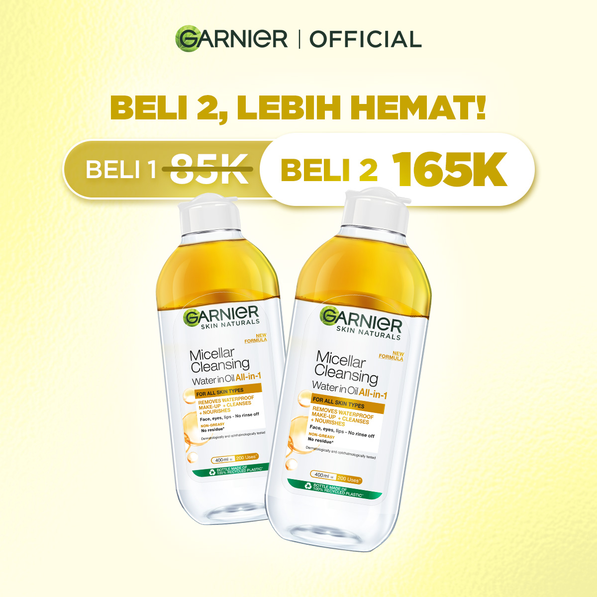 (PAKET HEMAT ISI 2) Garnier Micellar Oil-Infused Cleansing Water Skin Care - 400ml (Pembersih Wajah & Make up Waterproof Untuk Semua Jenis Kulit)