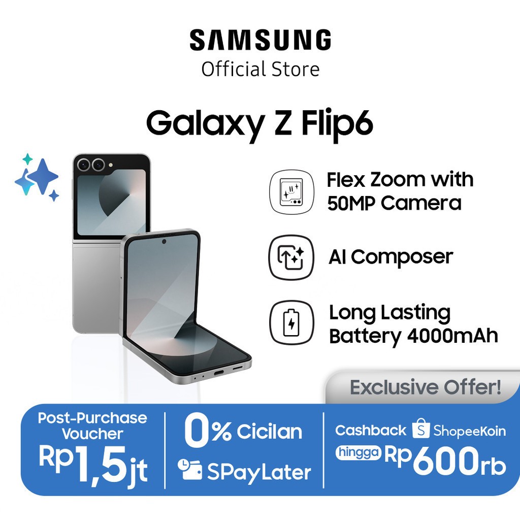 Samsung Galaxy Z Flip6 12/512GB - Silver Shadow, Smartphone AI, Smartphone Lipat, Kamera 50MP