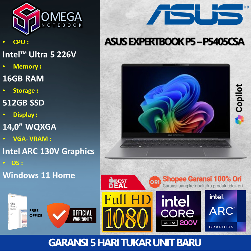 Jual ASUS Expertbook P5 P5405CSA Ultra 5 266V 16GB 512GB ARC 140V Windows 11 + Office NZ5150WS | Shopee Indonesia