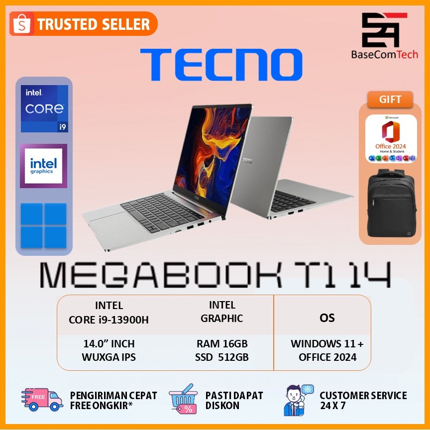 Laptop TECNO MegaBook T1 14 i9 13900H | RAM 16GB SSD 512GB | 14.0 inci WUXGA IPS 100%sRGB