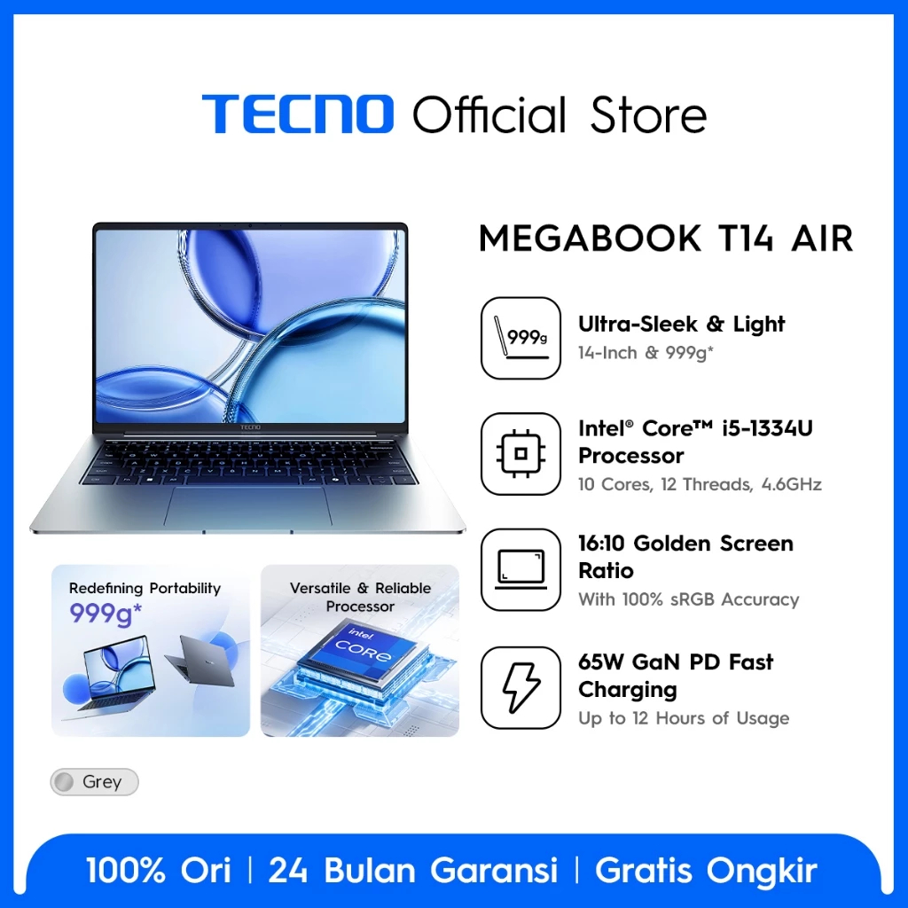 [FREE OFFICE] - TECNO MEGABOOK T14 AIR I5 1334U 16GB 512GB W11 14.0WUXGA 100SRGB 999GRAM GREY