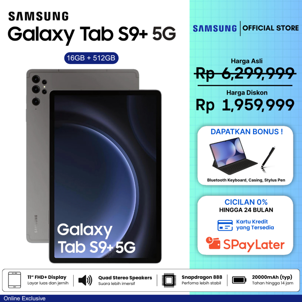 [ SPayLater 0% ] Samsung Galaxy Tab S9 / S9+ 5G | 16GB + 512GB | Tablet 11 Inch Layar Besar | Fullset Gratis Keyboard + Case | COD Tersedia | Garansi 24Bulan Resmi