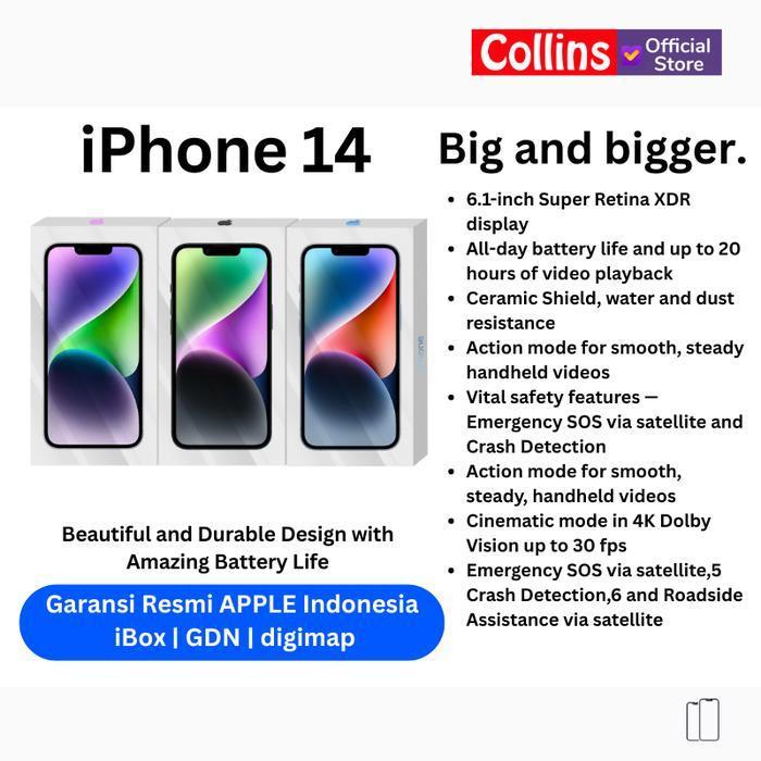 [Collins] Apple Iphone 14 128Gb 256Gb 512Gb A15 Bionic Cpu 6C / Gpu 5C Resmi Ibox Gdn Digimap Original Dan Terpercaya