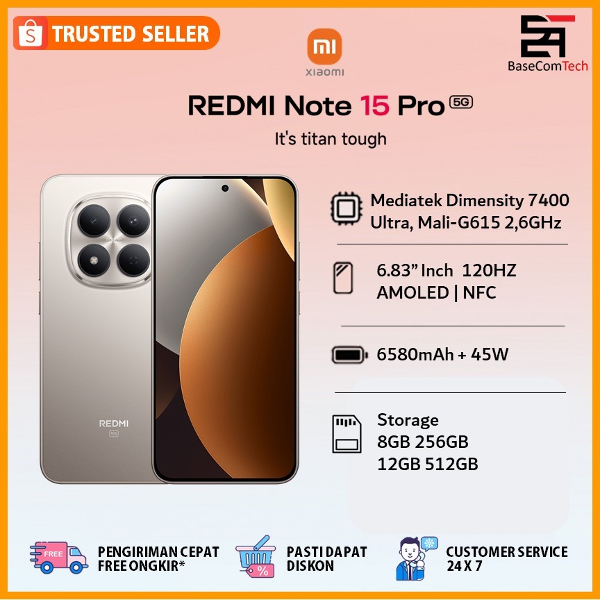 Handphone Xiaomi Redmi Note 15 Pro 5G | ROM 12GB 512GB | 6580mAh 45Wired | 6.83 Inch 120Hz AMOLED NFC | Baru Garansi Resmi Indonesia
