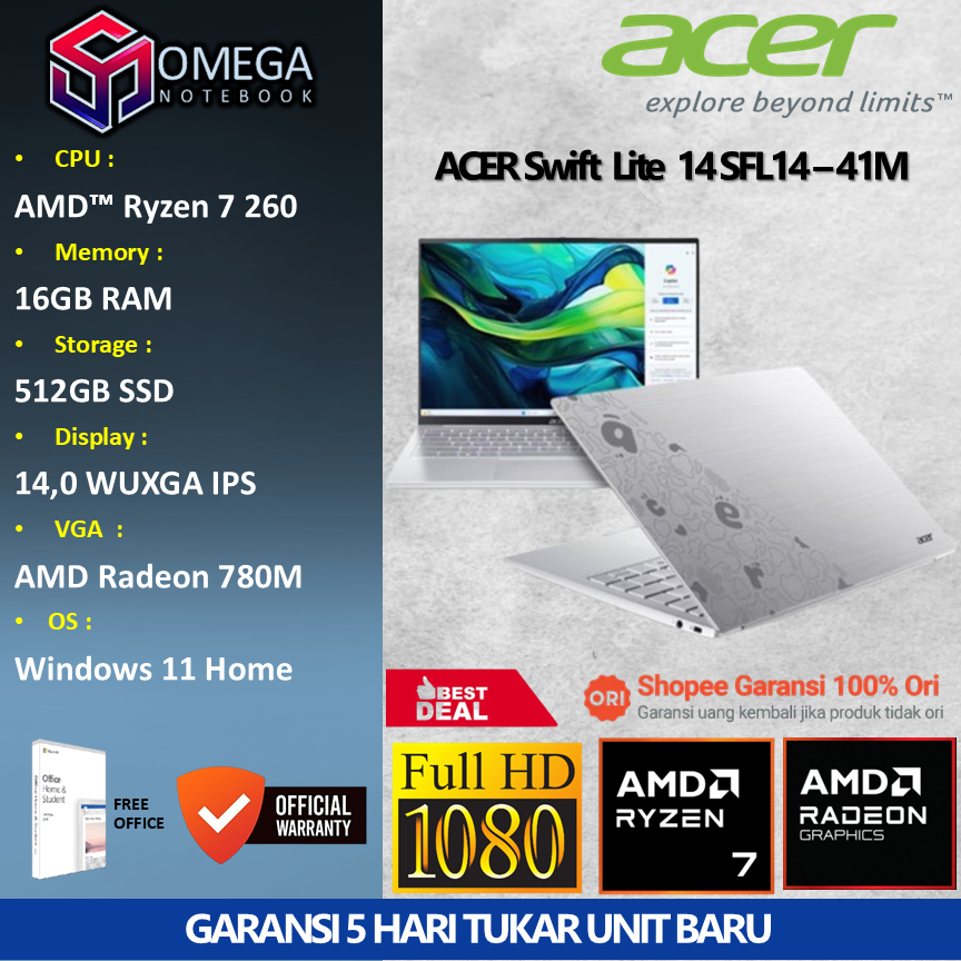 ACER Swift Lite 14 AI SFL14 41M R0GS Ryzen 7 260 16GB 512GB 14,0 WUXGA Windows 11 + Office