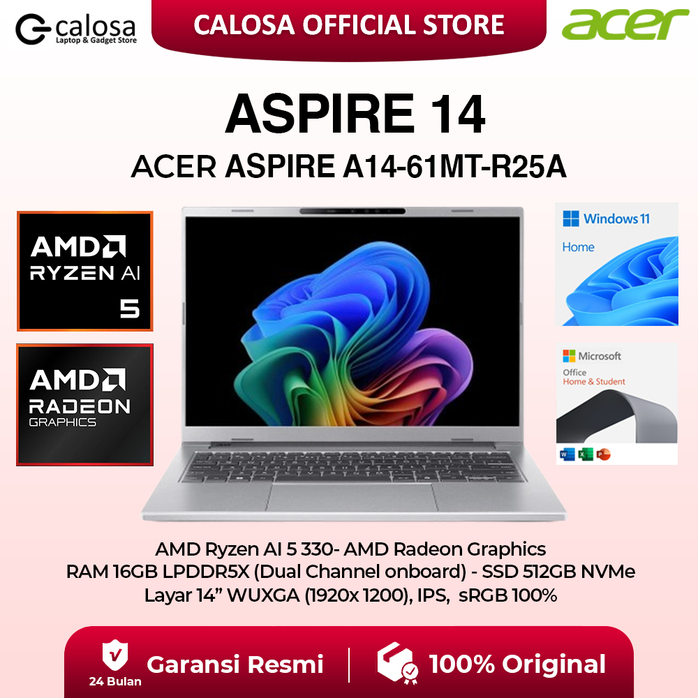 Laptop ACER ASPIRE 14 AI TOUCH RYZEN AI 5-330 RAM 16GB SSD 512GB WUXGA 14 Inch 120HZ 100%SRGB Windows 11 Home + Office Home 2024 + M365 Silver ( A14-61MT-R25A ) Original Garansi Rekomendasi Pelajar Mahasiswa Coding ,Editing Ringan , Content Creator Pemula